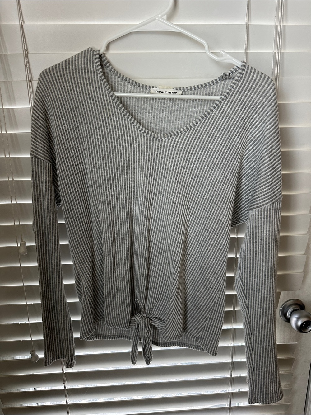 Caution To The Wind Gray Striped V-Neck Tie-Front Long Sleeve Top